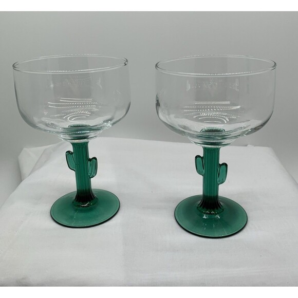 Hand Blown Cactus Margarita Glasses Set of 2 Clear Glass Green Stem - Picture 1 of 12